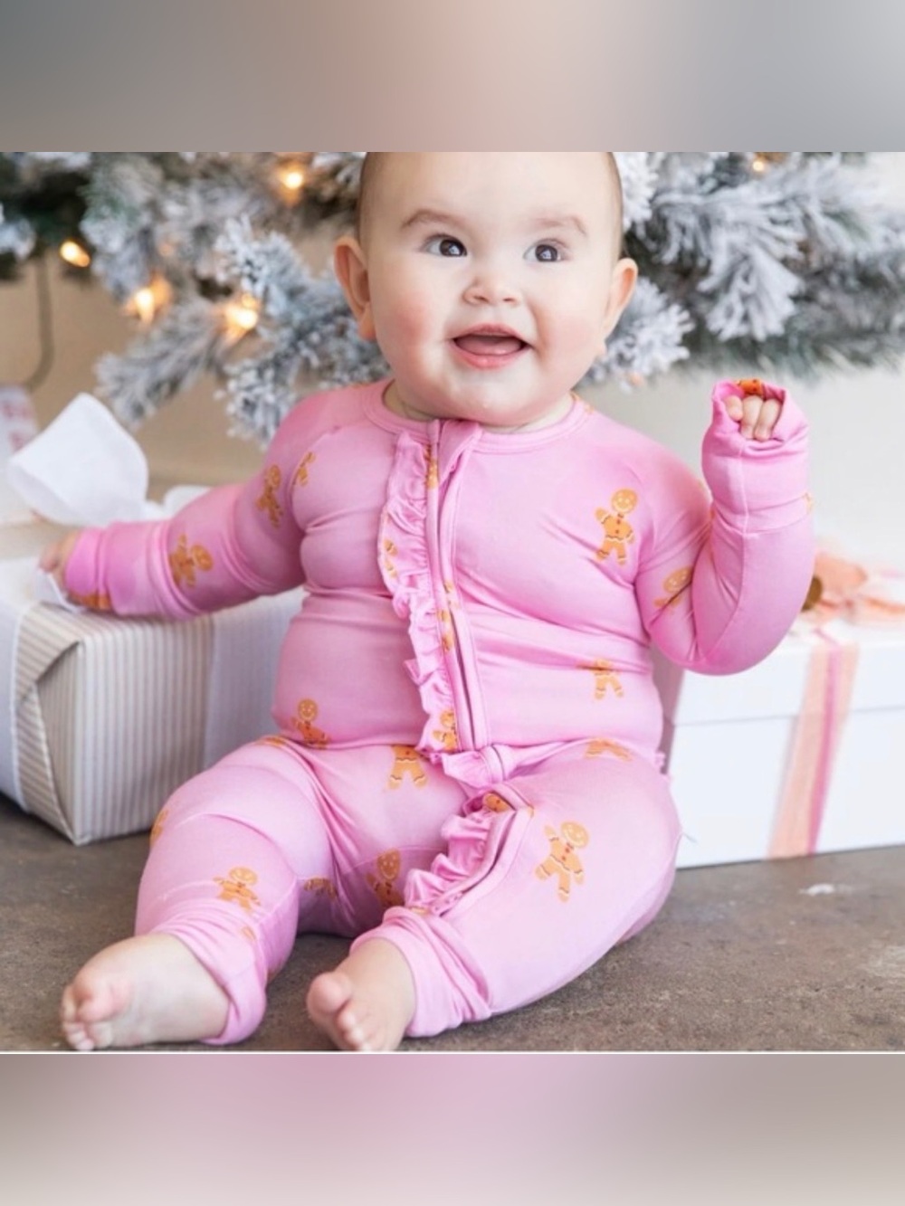 TINY TALULAH Pink Ruffle Gingerbread Bamboo Sleeper - NB